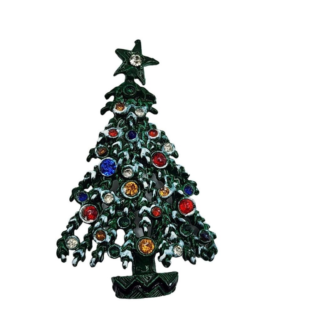 Vintage Christmas Tree Brooch Rhinestone Ornaments And Snowy Branches